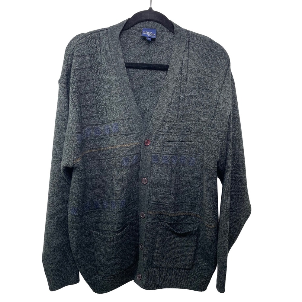 Gray‎ Cardigan Sweater Button Up Wool Blend Pockets Grandpa Academia Old Money L